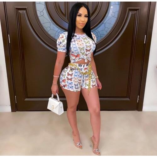 BKLD Summer Women Clothes 2020 Two Piece Sets Butterfly Print Short Sleeve Tops T Shirts For Women Shorts Set Tracksuit Outfits