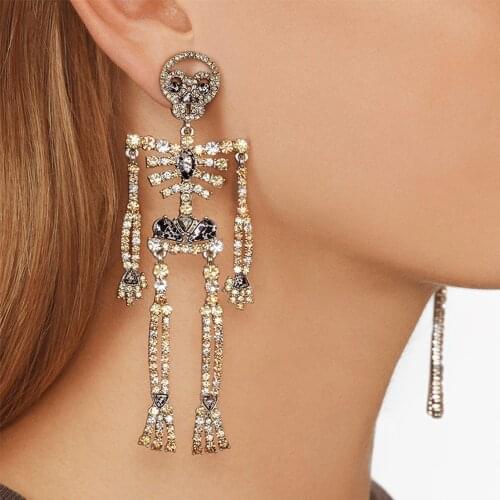 Handmade Statement Luxury Rhinestone Halloween Skeleton Dangle Drop Earrings for Women Crystal Long Pandent Ear Jewelry S1218