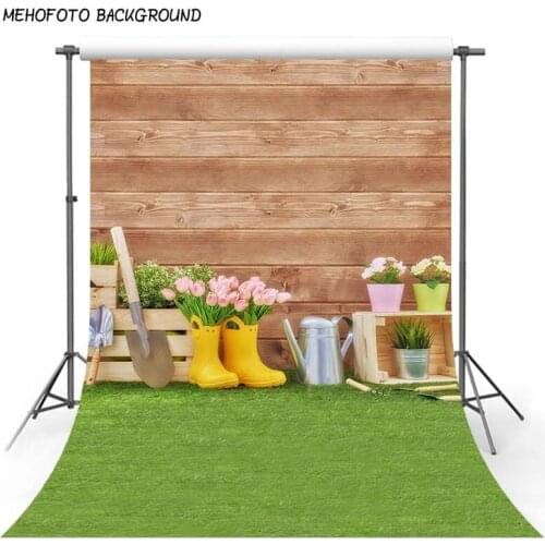 Photography Backdrop Brown Wood Wall Yellow Boots Flowers Backdrops Green Floor Photo Background Kids Garden Backdrops Studio