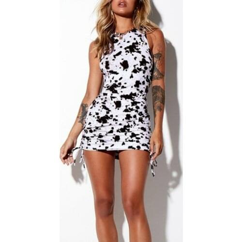 Summer Sexy Women Bandage Mini Dress Printed Sleeveless Crew collar Stretch Bodycon Sundress Party Club Casual Clothing Female