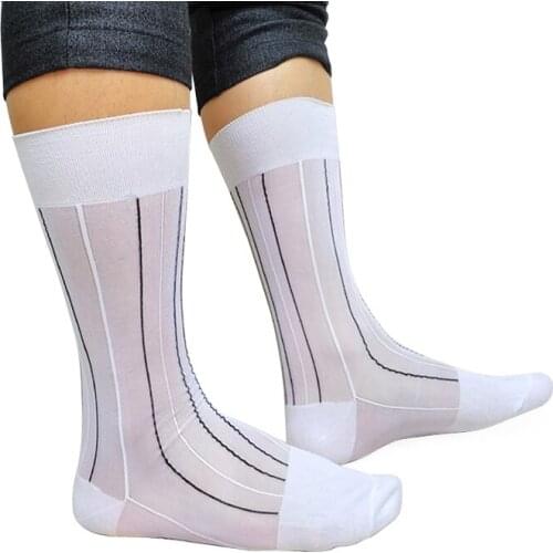 Sexy Fetish Collection Mens Nylon Socks Striped Gay Sheer Softy Comfortable Male Formal Hose Dress Suit Gentlemen