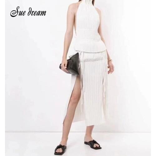 Sexy Hollow Backless Sleeveless Top and Split Skirt Pleated Set 2021 New Summer Womens Runway Party Set