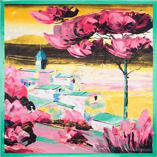 90cm * 90cm New Scarves European and American painting architectural trees simulation silk scarf square