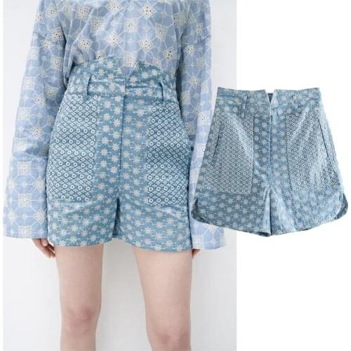 Za Shorts Women Embroidery Patchwork High Waist Short Pants Woman Summer Elastic Waist Vintage Streetwear Loose Casual Shorts