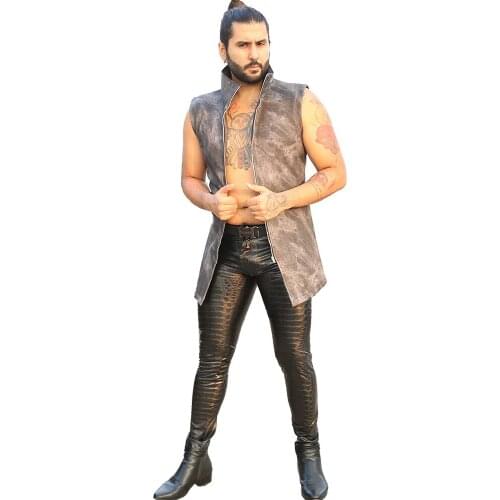 Stand Collar PU Sleeveless Vest Streetwear Man Faux Leather Windbreaker Imitation Cowboy Fleece-Lined Sports Coat Waistcoat