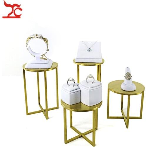 Gold Stainless Steel Jewelry Counter Window Increase Rack Portable White PU Ring Necklace Bangle Bracelet Organizer Stand Kit