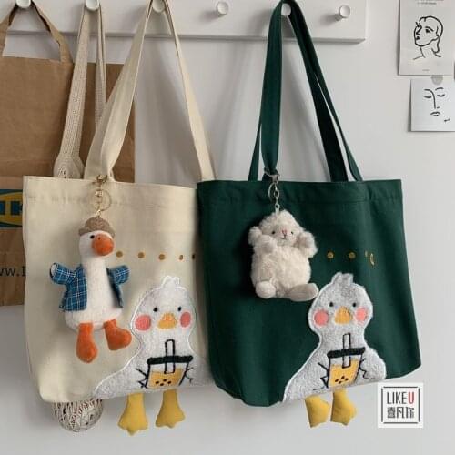 Cute Embroidered Duck Shopping Bag 2021ins Simple One-Shoulder Canvas Bag Large Capacity Korean Casual Bag
