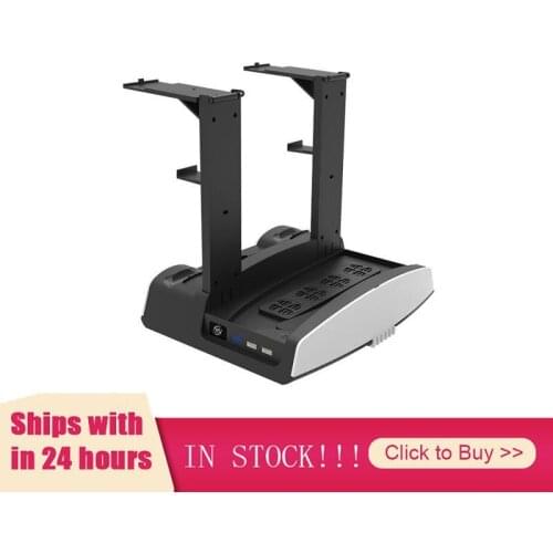 Vertical Stand For PS5, Dual Controller & Console Charging Station Cooling Fans Game Disc Slots Remote Control Headset Stand