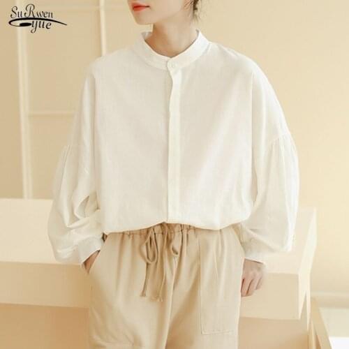 Women Literary Versatile Casual Tops Autumn Stand-up Collar Long Lantern Sleeve Blouse Solid Cardigan Shirts Blusas Mujer 11504