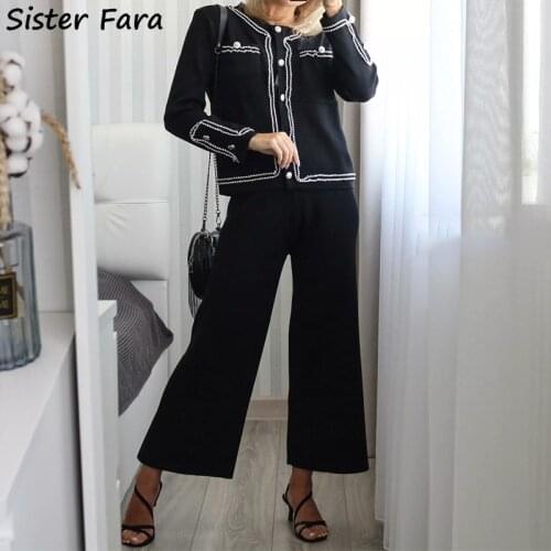 Sister Fara 2021 New Wide Legs Pants Simple Basic Knitted Tops Single Breasted Suits+Two Piece Sets Spring Knitted Sweater