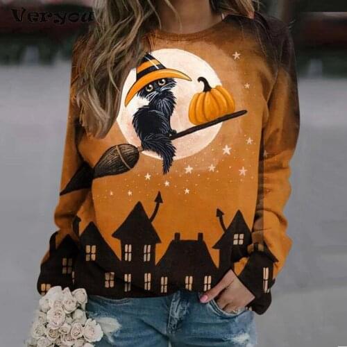 Womens Halloween Swearshirt Cat Pumpkin Printing Lady Long-sleeved Casual Top O-Neck Female Spring Autumn Shirt Loose Blouses