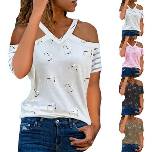 2021 Womens Top Love Printed Short Sleeve Creativity Off-the-shoulder V-Neck Loose Summer Soft and Thin Lightweight T-shirt
