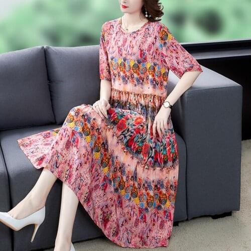 2021 Spring Vintage 4XL Plus Size Beach Sundress Summer Red Floral Mulberry Silk Midi Dress Elegant Women Bodycon Party Vestidos