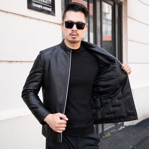 Winter thickened down stand collar, middle-aged and young mens leather jacket, detachable liner