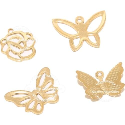 20pcs Stainless Steel Gold Butterfly Rose Flower Charm Pendants DIY Beads Findings for Necklace Bracelet Jewelry Making