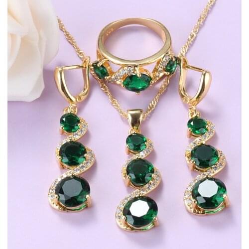 AAA+ Cubic Zirconia Costume Green Jewelry Sets Gold-Color African Wedding Ring Sets Necklace And Earring For Women Gift