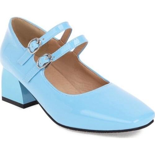BLXQPYT 2021 Fashion High Heels Women Pumps Square Head Five Color Patent Leather Mary Jane Shoes Plus Size 28-52 273