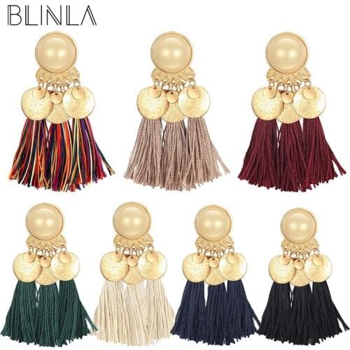 BLINLA Bohemian Tassel Resin Long Drop Earrings for Women 2020 Fashion Female Jewelry Handmade Silk Fabric Fringe Dangle Earring