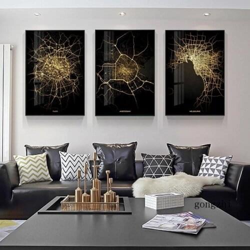 Black Golden World City Map Posters Nordic Canvas Painting and Prints Paris London Wall Art Picture for Luxury Living Room Decor