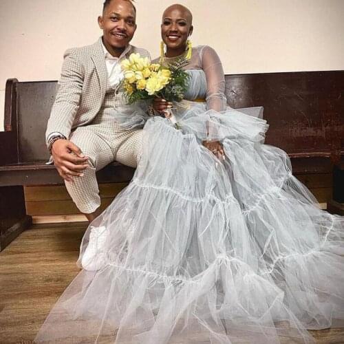 Modest Gray See Thru Tulle Long Robe Full Flare Sleeves A-line Mesh Tulle Women Dresses Outfit To Party Modest Maternity Dresses