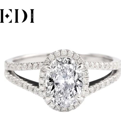 EDI Classic Split Engagement Ring Real 14K 585 White Gold 1.83cttw Halo Oval Cut Moissanites Lab Grown Diamond Wedding Ring