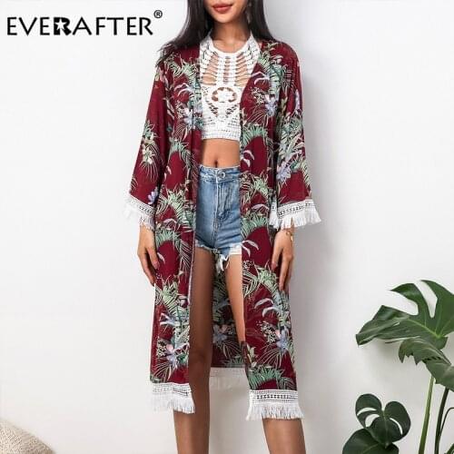 EVERAFTER Beach Cover Up Vintage Floral Prnit Chiffon Blouse Women Tassel Kimono Summer Loose Elegant Long Shirt Female Tops