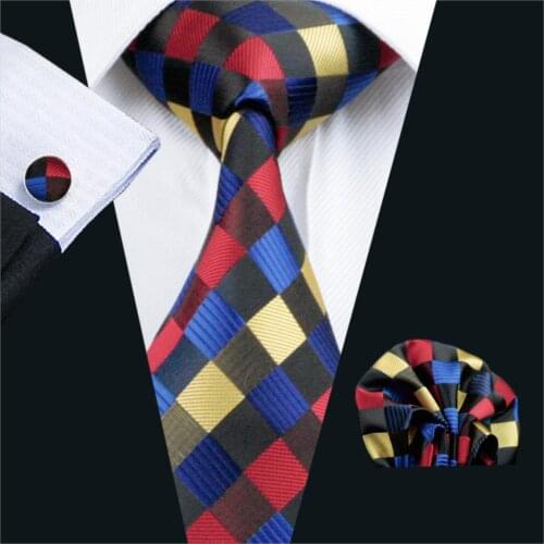 FA-423 Mens Tie Multi-Color Plaid Silk Jacquard Woven Tie Hanky Cufflinks Set Ties For Men Business Wedding Party Free Shipping