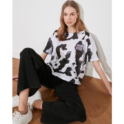 White Print Women Detailed Knitted T-Shirt Special Design Casual Cut Sporty Everyday Temporary Shed
