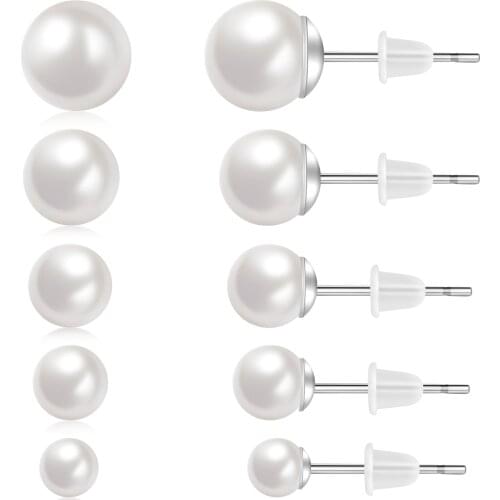 Pearl Stud Earrings Hypoallergenic 316L Ssurgical Steel Artificial Pearls A Variety Of Sizes 5 Pairs Set 4-8mm