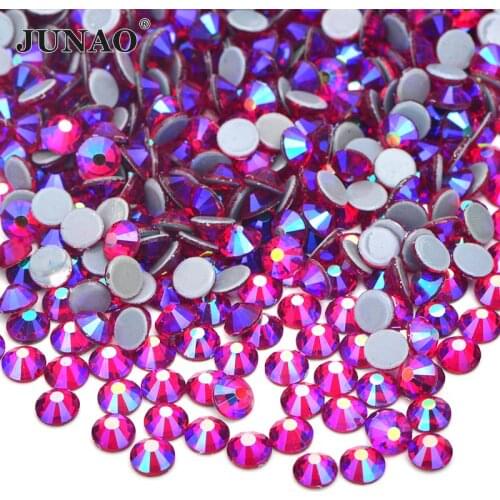 JUNAO SS6 8 10 12 16 20 30 Fuchsia AB Hotfix Glass Crystal Rhinestones Iron On Round Strass Flatback Hot Fix Glass Stones Crafts