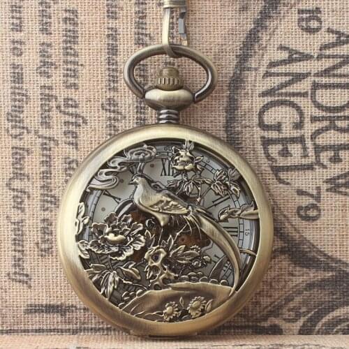 10pcs/lot Steampunk Antique Bronze Bird and Flower Skeleton Mechanical Pocket Watch White Dial Flip Women Pocket Watches