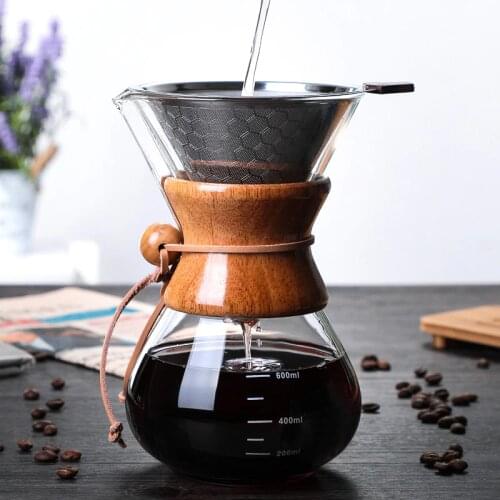 OHFIN 600ml Classic Coffee Pot Wooden Handle Heat Resistant Glass Coffee Pots Manual Coffeemaker V60 Hand Dripper With Filter