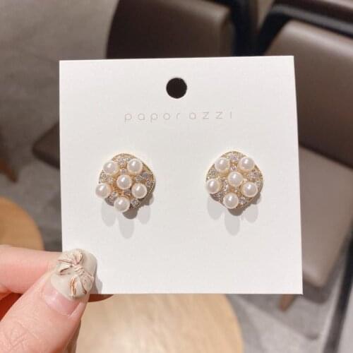 Korean Pearl Rhinestone Square Stud Earrings for Women 2021 New Fashion Elegant Jewelry Female Delicate Ear Studs Trendy Earring