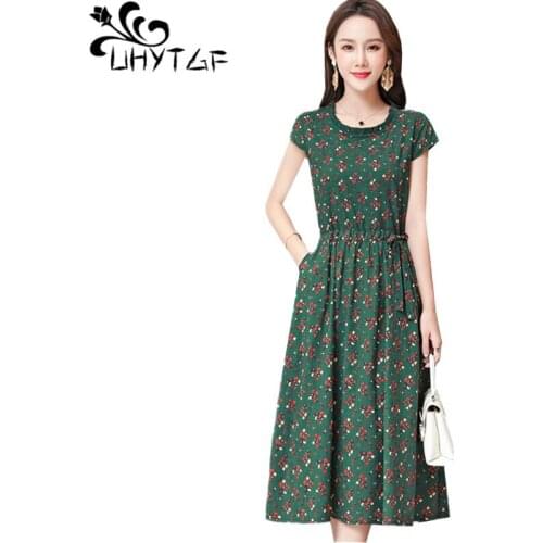 UHYTGF Middle-Aged Mother Summer Dress Short Sleeve Print Cotton Linen Comfortable Women Dresses Casual 6XL Plus Size Dress 1671