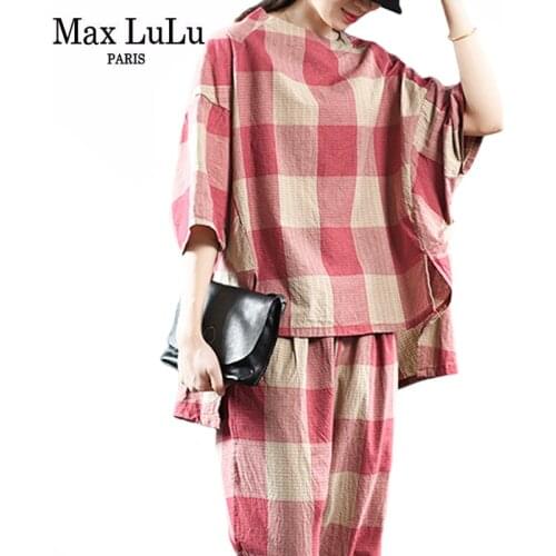 Max LuLu Spring 2021 Design Outfits Women Plaid Printed Cotton Linen Two Pieces Sets Ladies Casual Tops And Loose Harem Pants