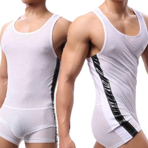 Men Undershirts Sexy Mesh PU Leather Jumpsuit Leotard Bodysuit Boxershorts Sports Singlet Bodybuilding Fitness Rompers Underwear