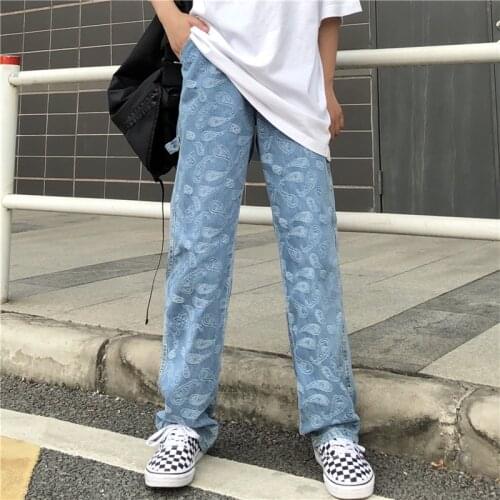 2021 New Women Jeans Fashion Men Women Couples Streetwear Embroidery High Waist Wide Leg Pants Baggy Straight Denim Trouser