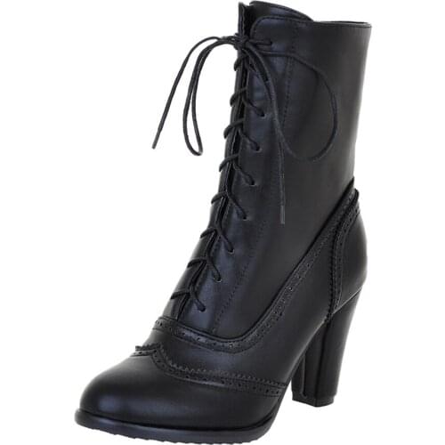 New Women Boots Sexy Lace-up Boots Ladies Classic Pointed Leather Lace-Up High-Heeled Boots Middle Tube Boots Square Heel Shoes