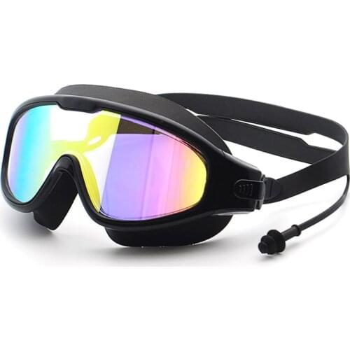 Adult Swimming Goggles Large Frame with ear plug Waterproof Anti Fog Swimming Glasses Anti UV Men Women Swim Eyewear Plated