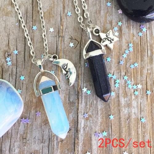 2 Pcs Crystal Nature Stone Star And Moon Face Pendant Necklace Healing Light Jewelry Gift For Best Friends Lover Wholesale