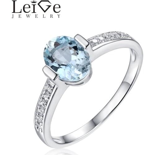 Leige Jewelry Natural Blue Aquamarine Ring Oval Cut Solitaire Gemstone Sterling Silver 925 Rings for Women Christmas Gift