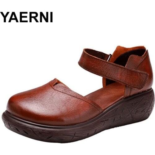 YAERNI Promotion round head genuine leather sandals classic comfort woman shoes wedge sandals 2020 famous summer shoes women