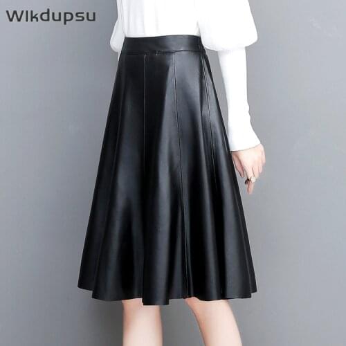 High Quality Leather Skirt Women Plus Size Fall Winter High Waist Skirt Midi Knee Length Black Soft Office Lady A Line Skirts