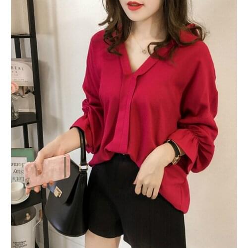 2019 Summer Women Chiffon Blouse Long Sleeve Red Ladies Office Shirts Work Shirt Casul Female Clothing Plus Size Tops NewIn