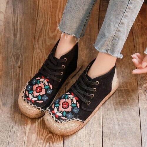 Spring Summer New Mid-cut Embroidered Shoes Ethnic Style Lace-up Thin Cotton Boots Casual Embroidered Embroidered Shoes Women