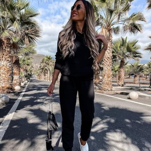 Womens Two-Piece Sets Long-Sleeved Trousers Kangaroo Pocket 2021 Spring New Solid Color Hooded Slim Sports Suit