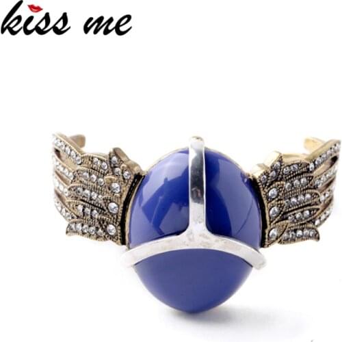 Kissme Luxury Dark Blue Resin Delicate Crystal Wing Cuff Bracelets For Women Vintage Gold Metal Bangle Hyperbole Fashion Jewelry