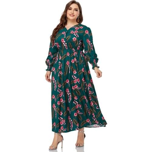 Plus Size 3XL Kaftan Women Long Sleeve Floral Print Maxi Dress Loose Abaya Dubai Turkey Caftan Islamic Clothing Muslim Robe Gown