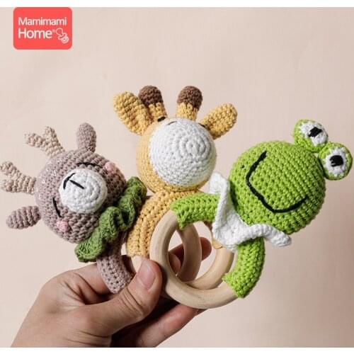 1Pc Baby Rattle Crochet Animal Baby Teether Wooden Ring Handmade Toy BPA Free Wood Teething Bracelet Nurse Gift Baby Product Toy