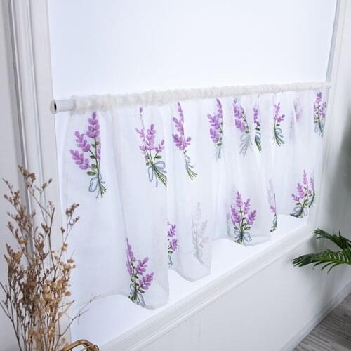 1 PC W100xL50cm Rod Pocket Short Curtain For Kitchen Cafe Embroidered Purple Lavender Romantic Roman Curtain JS208C